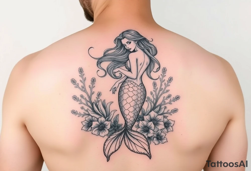 ethereal mermaid with flowing hair among coral and sea flowers tattoo idea