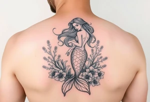 ethereal mermaid with flowing hair among coral and sea flowers tattoo idea