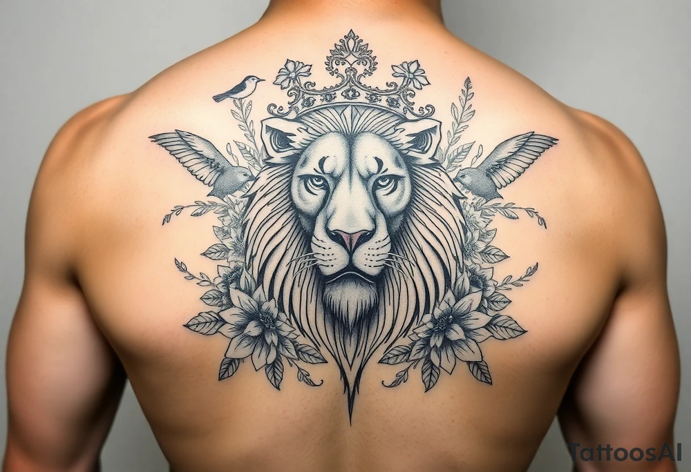 powerful majestic lion with a crown, surrounded by floral ornaments and birds tattoo idea