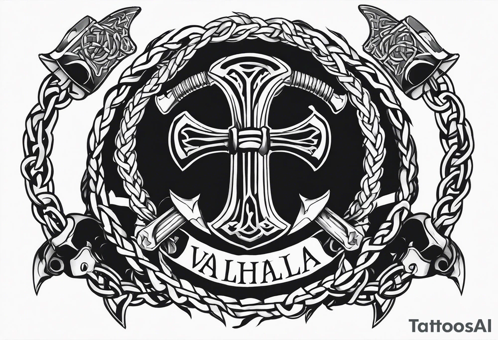 Valhalla round shield axe barbed wire chains tattoo idea