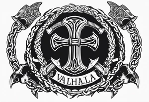 Valhalla round shield axe barbed wire chains tattoo idea