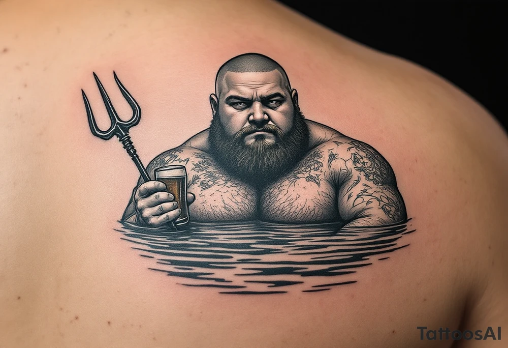 Gay fat guy, shaved, with trident, half way in calm water, with a beer tattoo idea