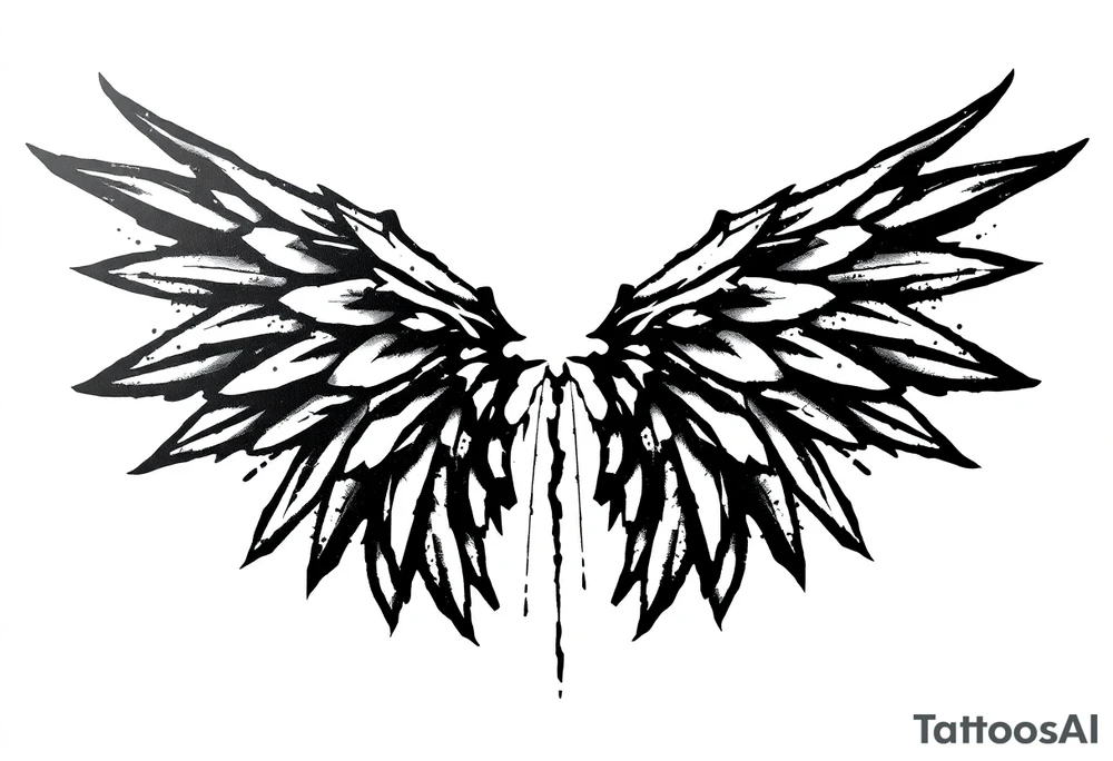 This tattoo design features a pair of stylized wings drawn in black ink with a sketch-like, abstract aesthetic. The wings are composed of sharp, angular feathers with jagged edges, giving them a rough, almost tribal or gothic appearance. The shading is done with a mix of soft gradients and stippling, adding depth and texture to the design. The center where the wings meet is fragmented, with thin lines extending downward, creating a sense of movement and raw energy. This design would make for a bold and edgy tattoo, symbolizing freedom, strength, or a rebellious spirit. tattoo idea