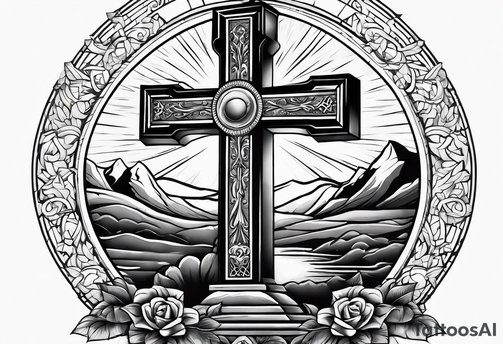 Tomb with cross and sun in the background tattoo idea