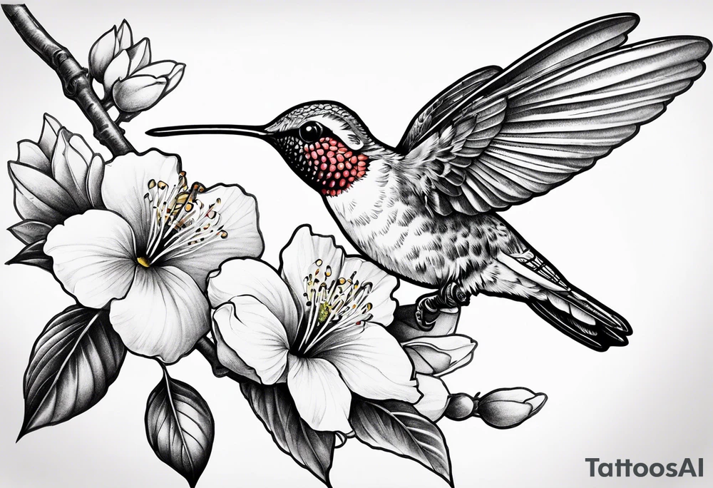 Propose moi un tatouage dans le dos les éléments sont : colibri carte de la Martinique fleur de prunus du Japon tattoo idea