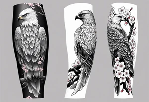 traditional.
full leg sleeve with the following elements: hawk and cherry blossoms tattoo idea