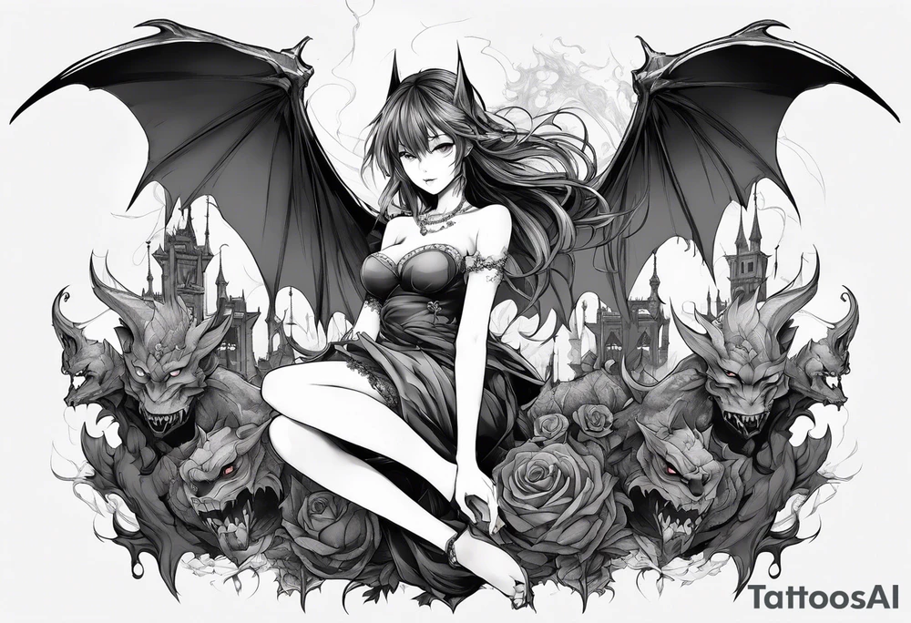 a bleeding anime girl sitting on a ball, and surrounded by gargoyles tattoo idea