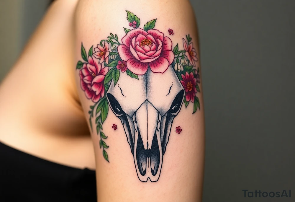Buffalo skull with flowers. Peony, snowdrop, holly with berries, larkspur, peony. Colour. For upper arm or shoulder. Masculin. tattoo idea