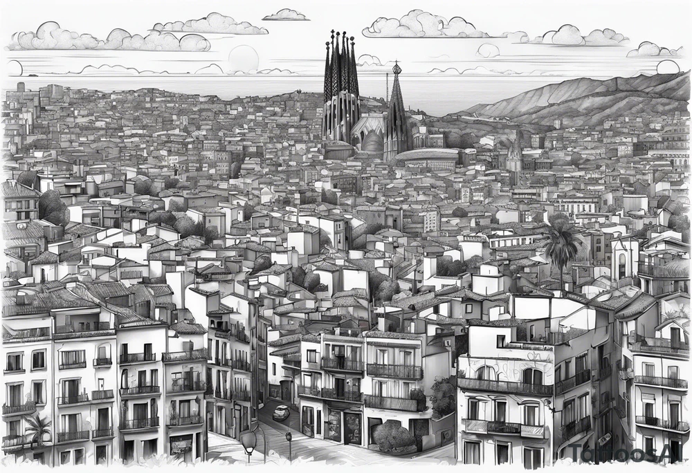 Barcelona cityscape with culture and music tattoo idea