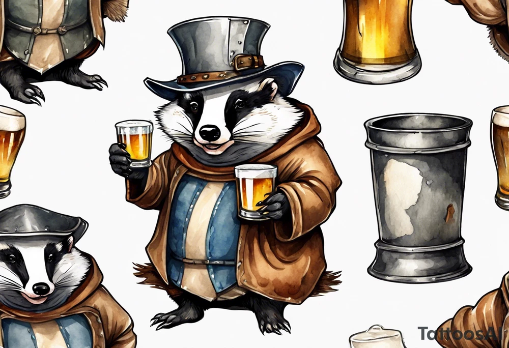 a medieval fat badger wearing a tunic and a tattered hat drinking from a pewter mug of beer tattoo idea