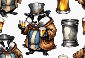 a medieval fat badger wearing a tunic and a tattered hat drinking from a pewter mug of beer tattoo idea