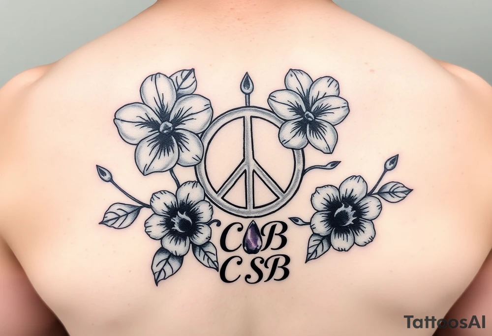 Violets, peace symbol, Pisces symbol, dog prints, amethyst, initials csb in cursive font tattoo idea