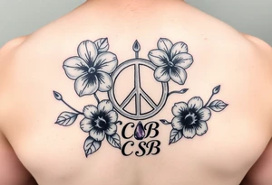 Violets, peace symbol, Pisces symbol, dog prints, amethyst, initials csb in cursive font tattoo idea