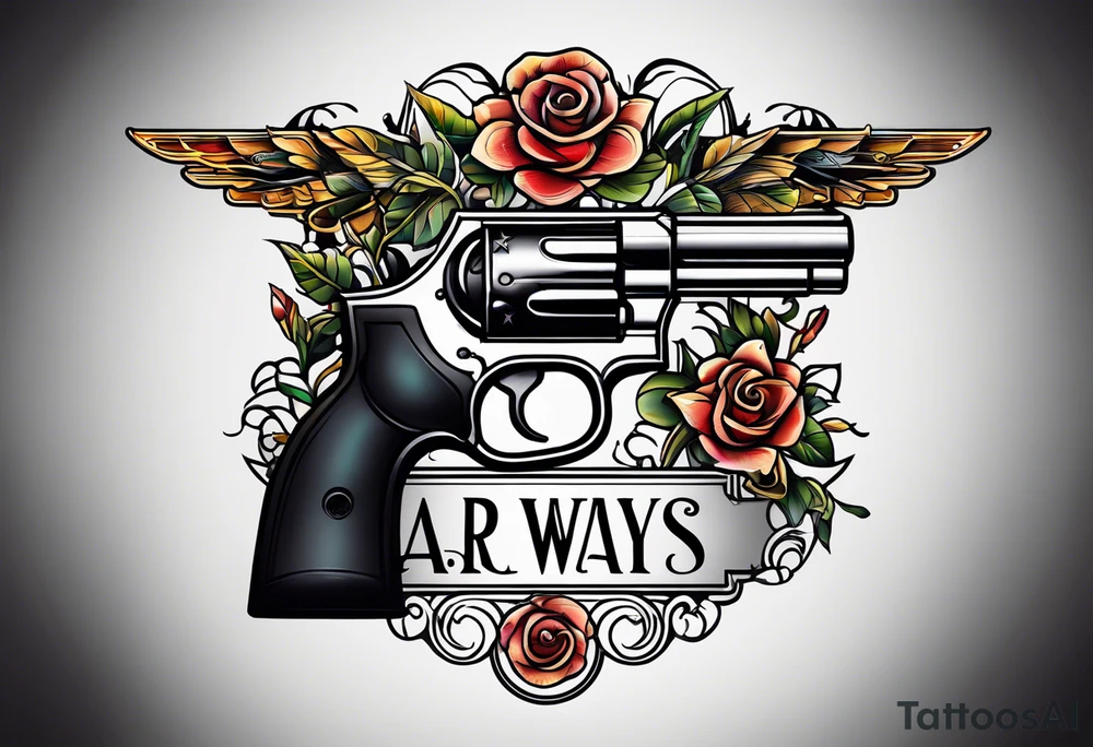 The letters AR with a pistol on each side and the word always on the top and ready on the bottom tattoo idea