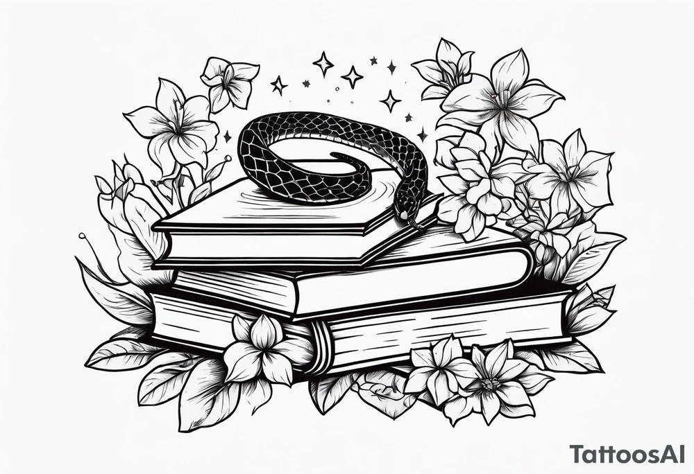 snake, books, stars and poisonous flowers tattoo idea