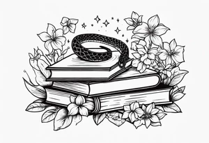 snake, books, stars and poisonous flowers tattoo idea