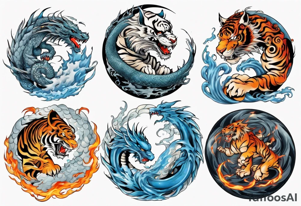Ying Yang with dragon and tiger surrounding it and fire and water tattoo idea