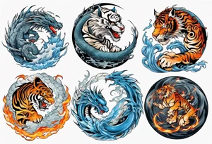 Ying Yang with dragon and tiger surrounding it and fire and water tattoo idea