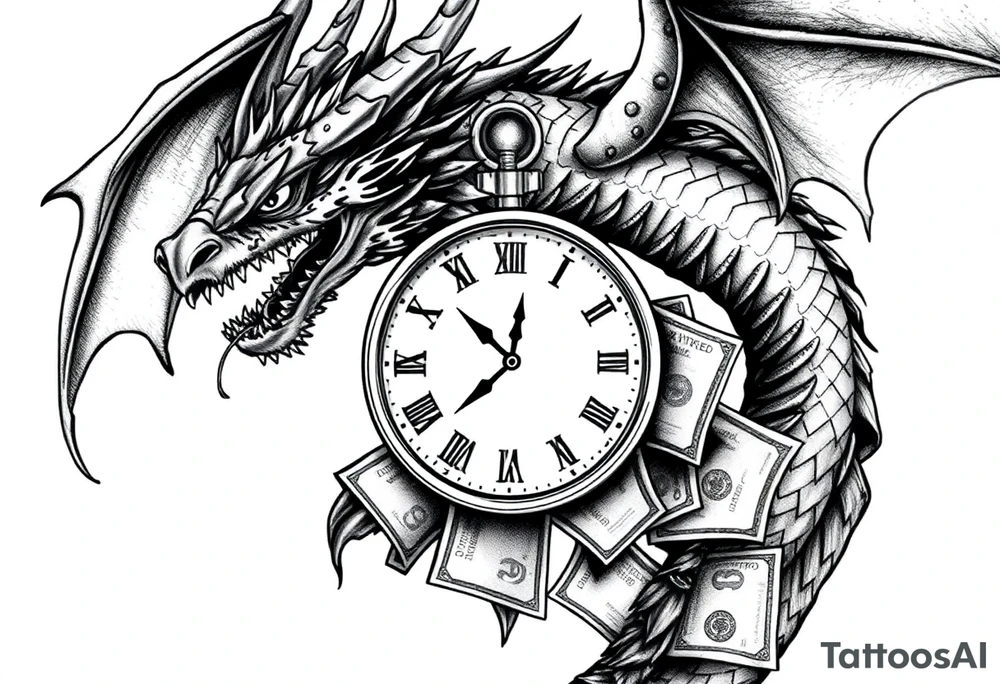 Horror dragon tattoo with clock, dollars on background tattoo idea