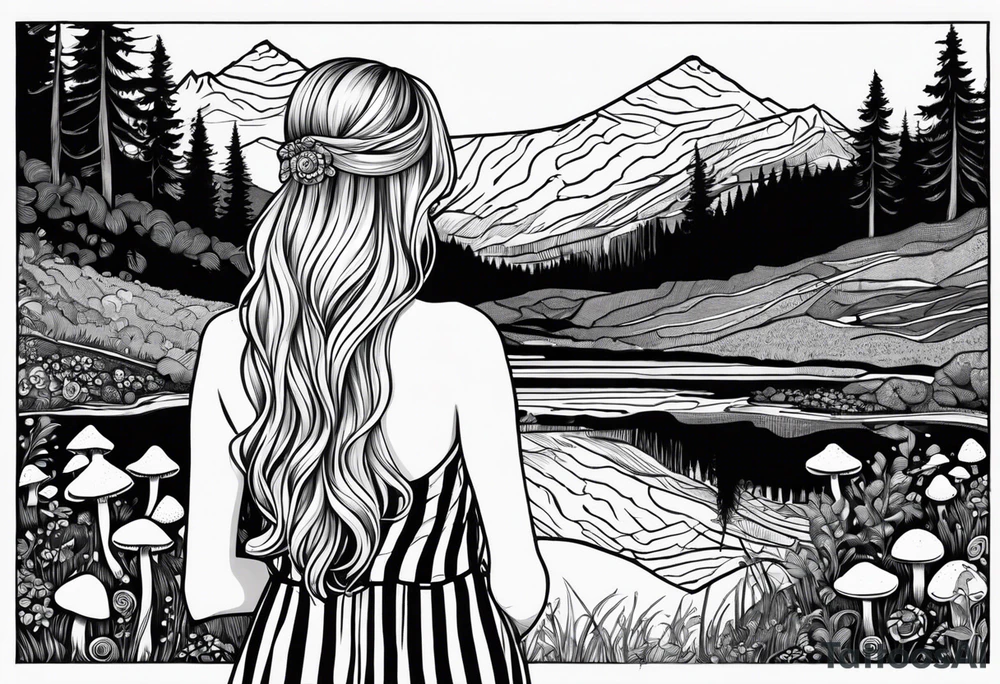 Straight long blonde hair hippie girl in distance holding mushrooms in hand facing away toward mountains and creek surrounded by mushrooms black and white striped dress tattoo idea