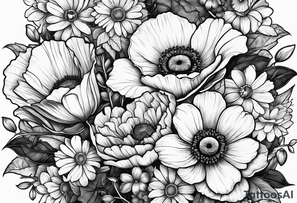 One poppy one rose two daisies tattoo idea
