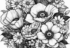 One poppy one rose two daisies tattoo idea