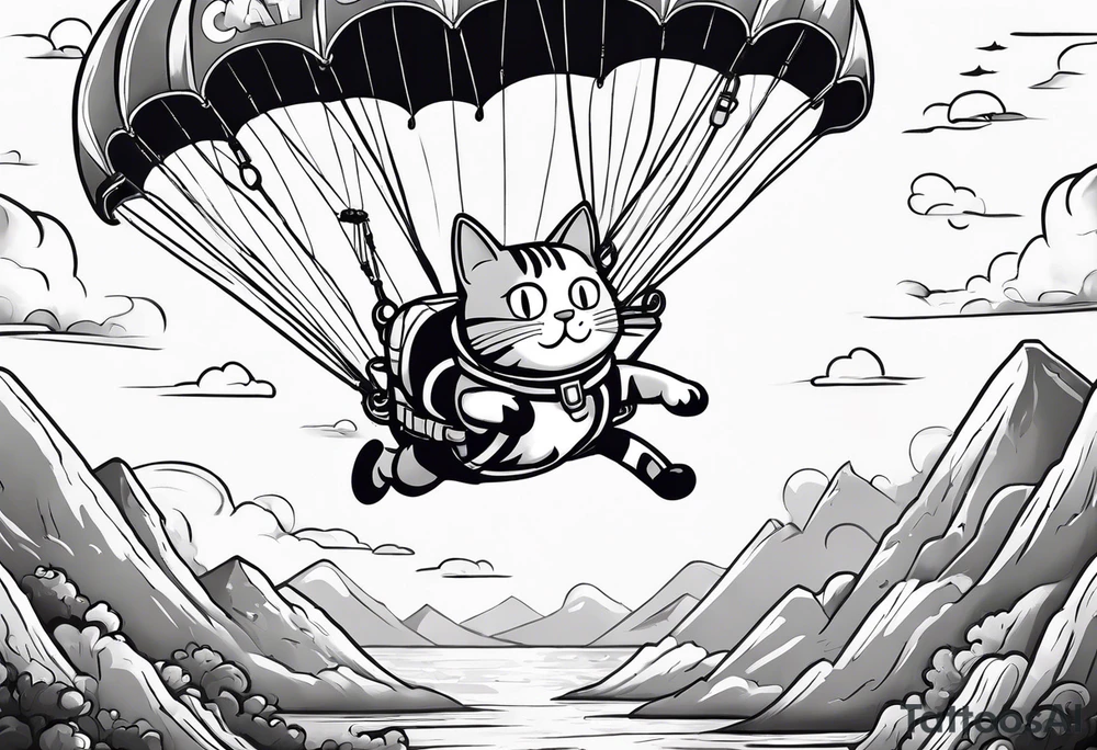 cat going skydiving with parachute in the rick and morty style tattoo idea