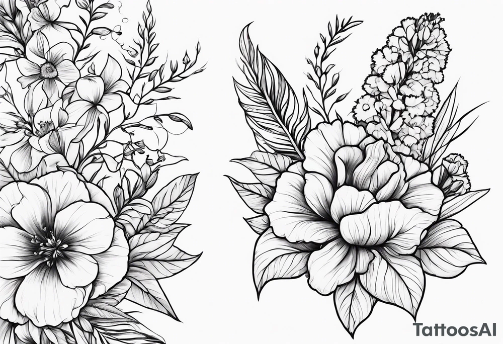 Flowers including larkspur and carnations tattoo idea