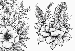 Flowers including larkspur and carnations tattoo idea