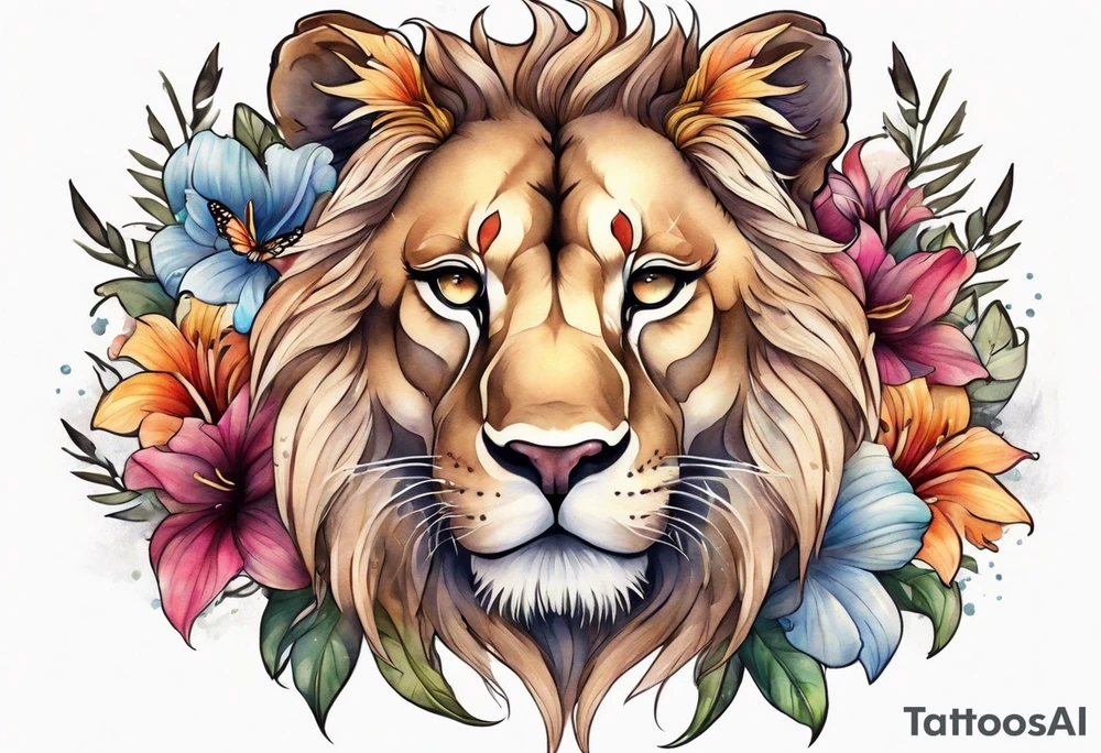 Lioness covered in feathers lilies and butterflies tattoo idea