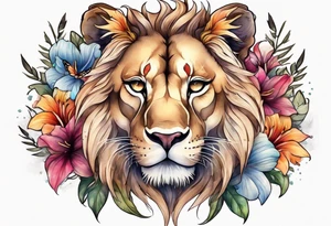 Lioness covered in feathers lilies and butterflies tattoo idea