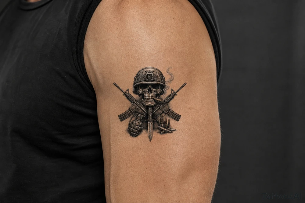 skull with military helmet, smoking cigar,crossed assault rifles, knife,hand grenade,cartridges, tattoo idea
