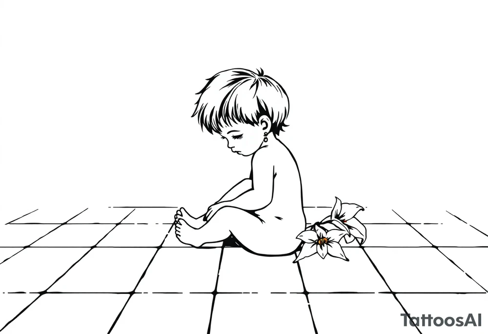 A simple tile floor with a minimalist curled child sitting on the floor with a lily next to her tattoo idea