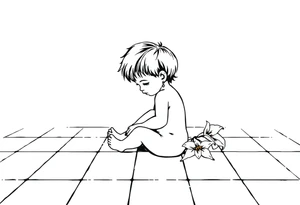 A simple tile floor with a minimalist curled child sitting on the floor with a lily next to her tattoo idea