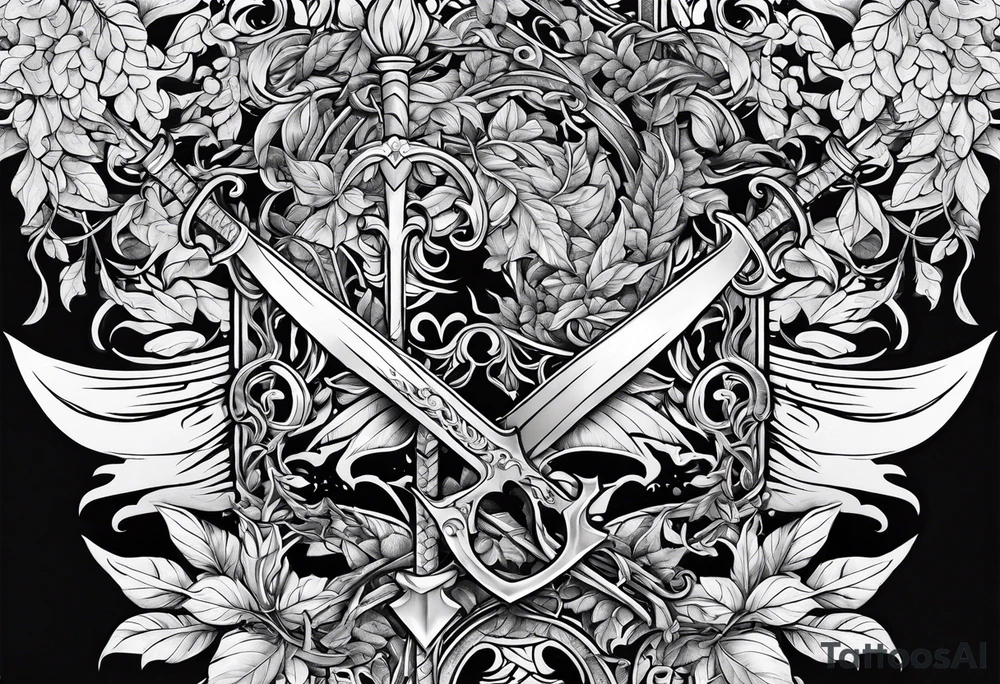 Leafy vines with sword tattoo idea