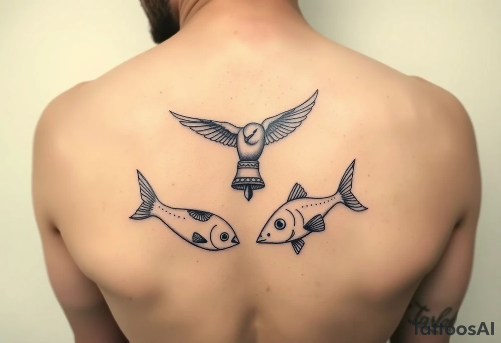 minimal fine line bird, bell and fish tattoo tattoo idea