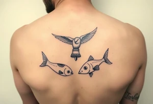 minimal fine line bird, bell and fish tattoo tattoo idea