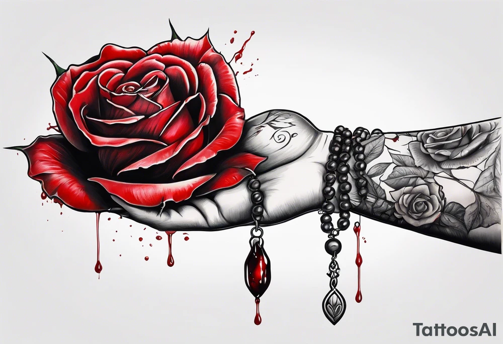 Feminine hand holding a rose with blood dripping down the hand from the thorns with 3 hanging rosary beads. tattoo idea