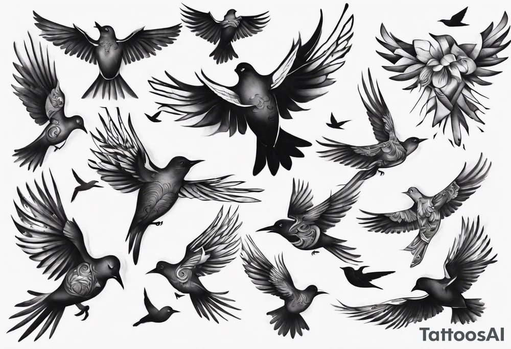 composition with birds flying free, puzzle piece tattoo idea