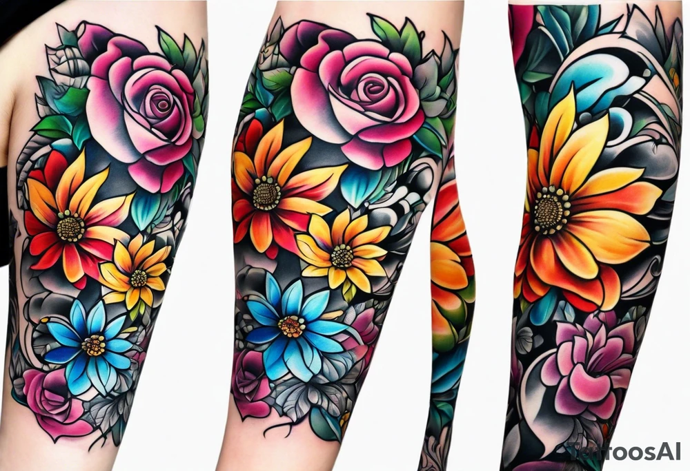 Arm sleeve dedicated to mom with rainbow flowers tattoo idea