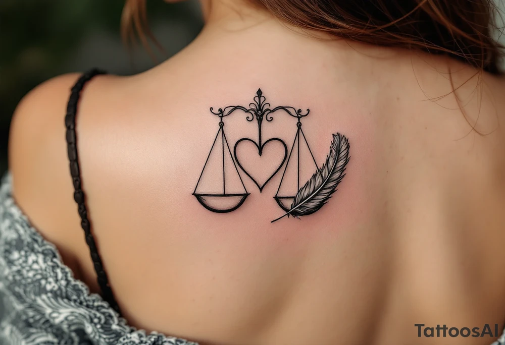 A pair of delicate scales balancing a heart and a feather, in elegant black and silver shading, symbolizing karmic justice. tattoo idea