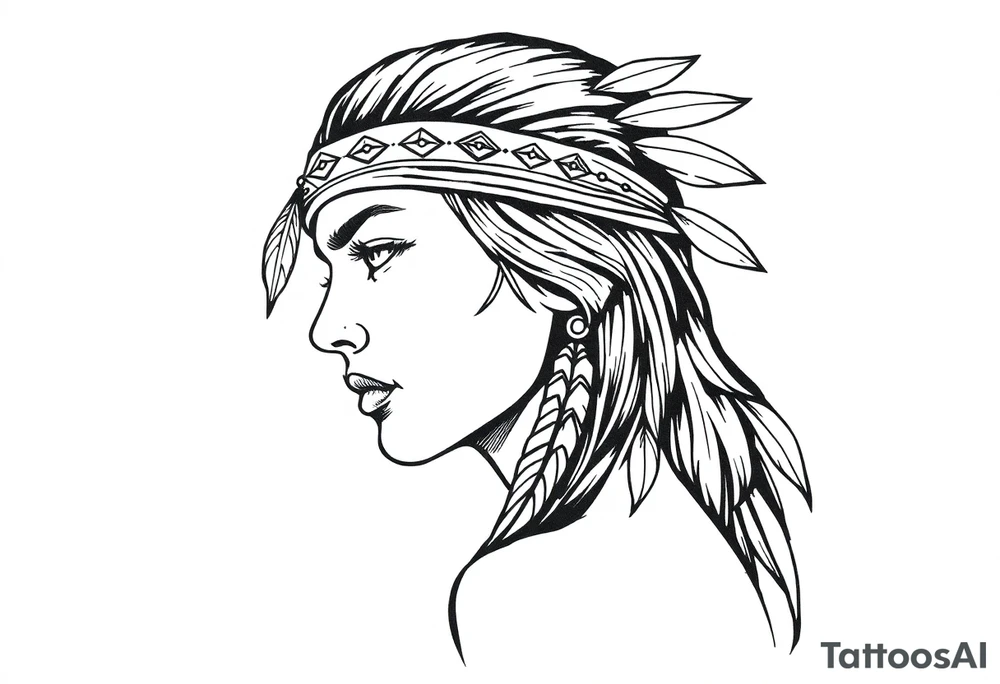 Female Native American wearing headband side pose tattoo idea
