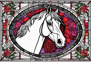 a stained glass window with a horse's head, a Scottish thistle, and a banner for a quote. tattoo idea