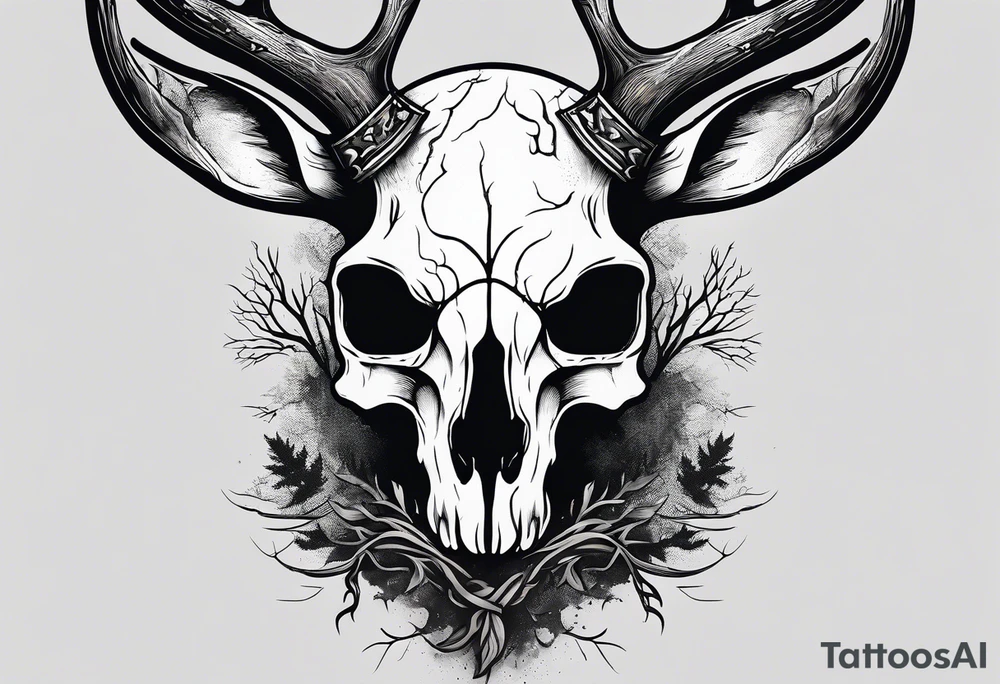 A frightening horror DECAYING deer skull JUST BONE side profile surrounded by a forest fire in background tattoo idea