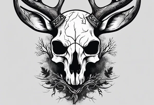 A frightening horror DECAYING deer skull JUST BONE side profile surrounded by a forest fire in background tattoo idea