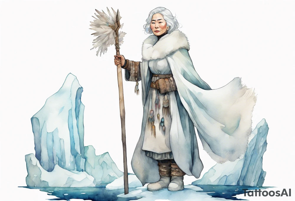 a middle aged Inuit woman with white hair, wearing mittens, wearing a white cloak, holding a white staff, wearing mukluks, standing on an iceberg in the sea tattoo idea
