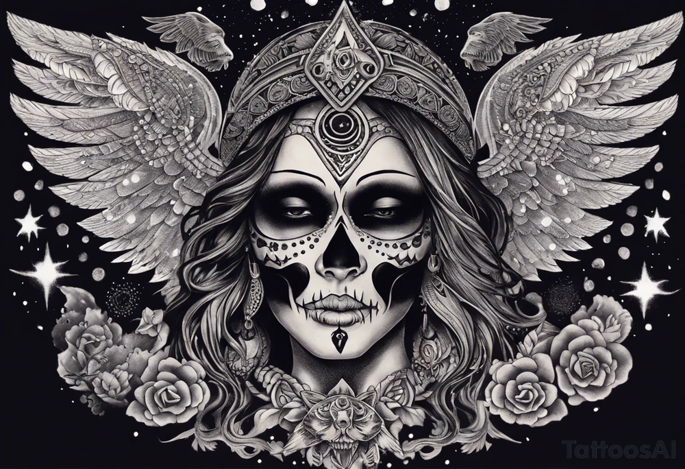 black kali, goddess pirate, alien, angel, pachamama, valkrye, warrior, flying, skull, lotus azul, wing, eagle, zenza resonance, stars, 5D, anahata chakra, death, durga, riding on a tiger, flying lady, chest tatoo tattoo idea