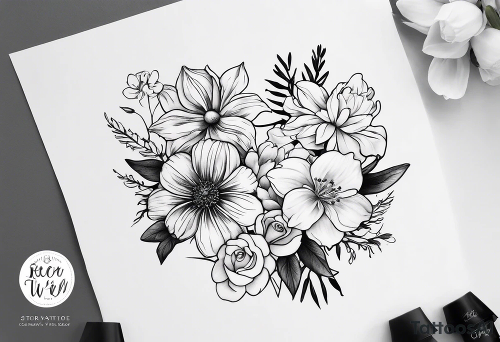 small minimalist black and white tattoo of a flower bouquet that MUST include 6 DIFFERENT flowers with ONE OF EACH: a carnation, a daffodil, a lily stock, a rose, a cosmos, and a chrysanthemum. tied together with a small bow tattoo idea