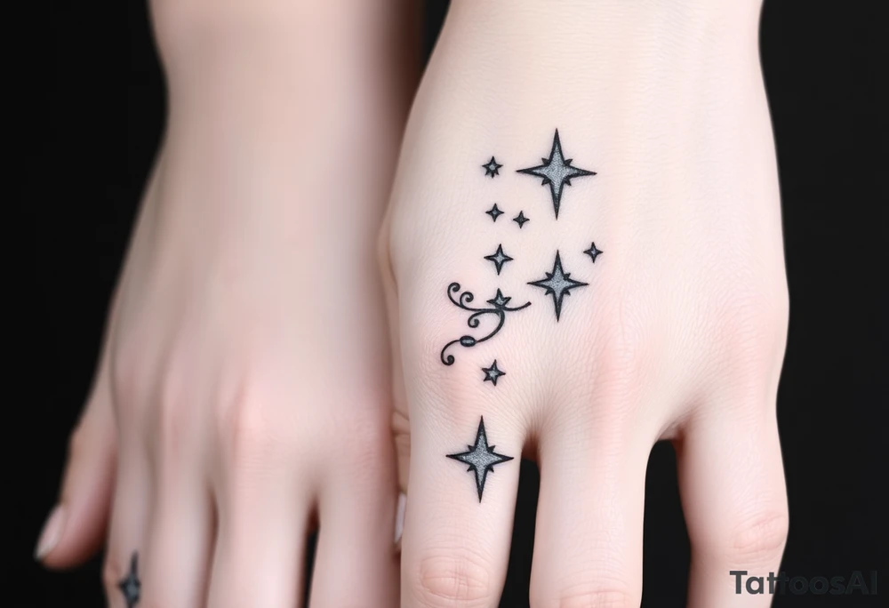 tattoo on back of hand and around fingers that includes stars and had a cool design made of lines tattoo idea