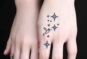 tattoo on back of hand and around fingers that includes stars and had a cool design made of lines tattoo idea